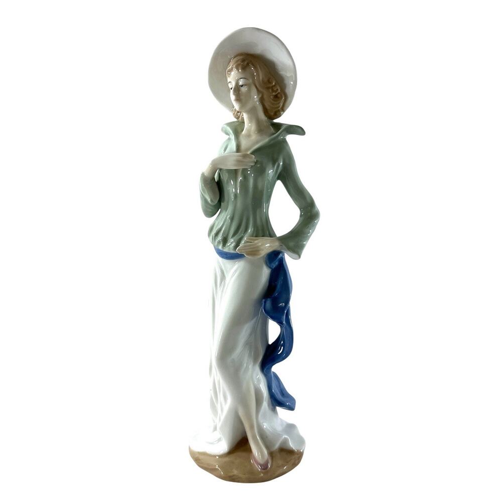 Porcelain Lady Figurine 14” Woman Wide Brim Hat Green Blue Floral Elegant - Picture 4 of 8
